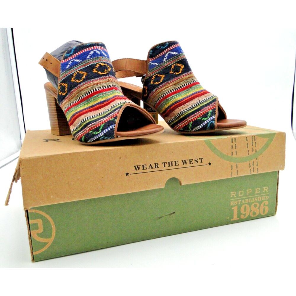 Roper Womens 6.5 Mika Aztec Tapestry Buckle Heel Sandal Slingback Leather New
